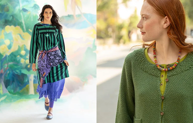 A collage with two pictures of women wearing green clothes from Gudrun Sjödén’s 2025 Winter collection.