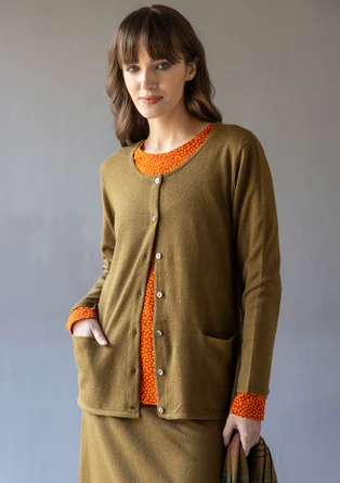 “Sylvi” striped and solid-colour organic cotton/wool cardigan - dark olive