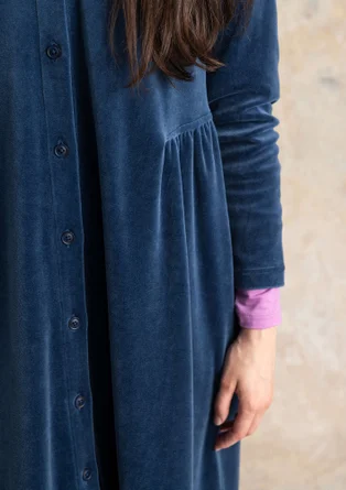 Button-through, organic cotton/recycled polyester velour dress - Pacific blue
