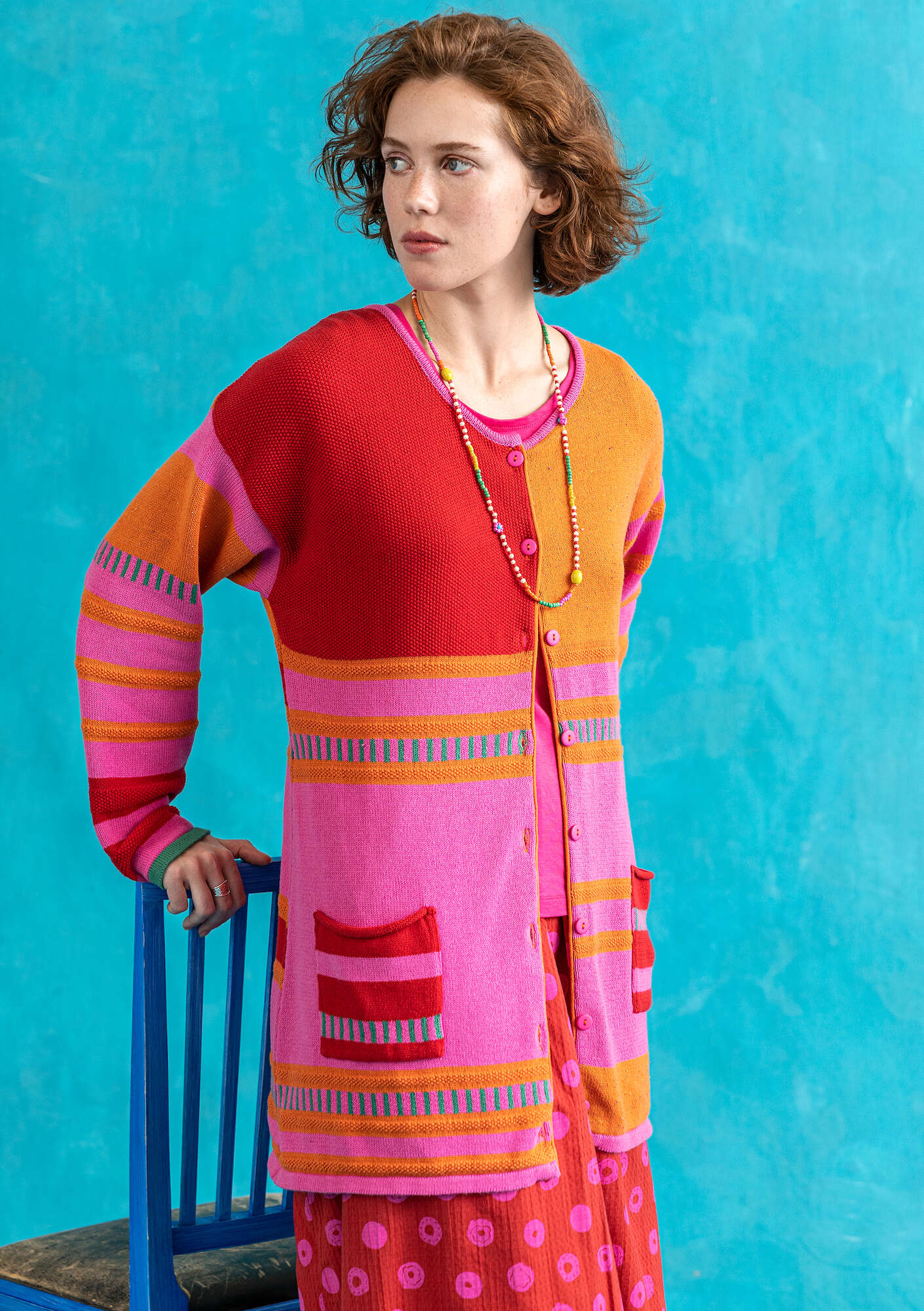 “Dagmar” cardigan in recycled and organic cotton wild rose/striped thumbnail