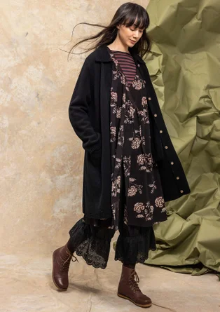 “Wilma” patterned and solid-colour long cardigan in lambswool - black
