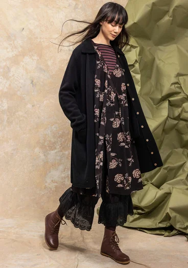 “Wilma” patterned and solid-colour long cardigan in lambswool - black