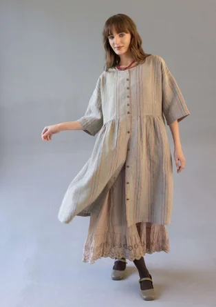 Gestreiftes oder einfarbiges Knopfleistenkleid „Sylvi“ aus Leinen - dunkelnatur-gestreift