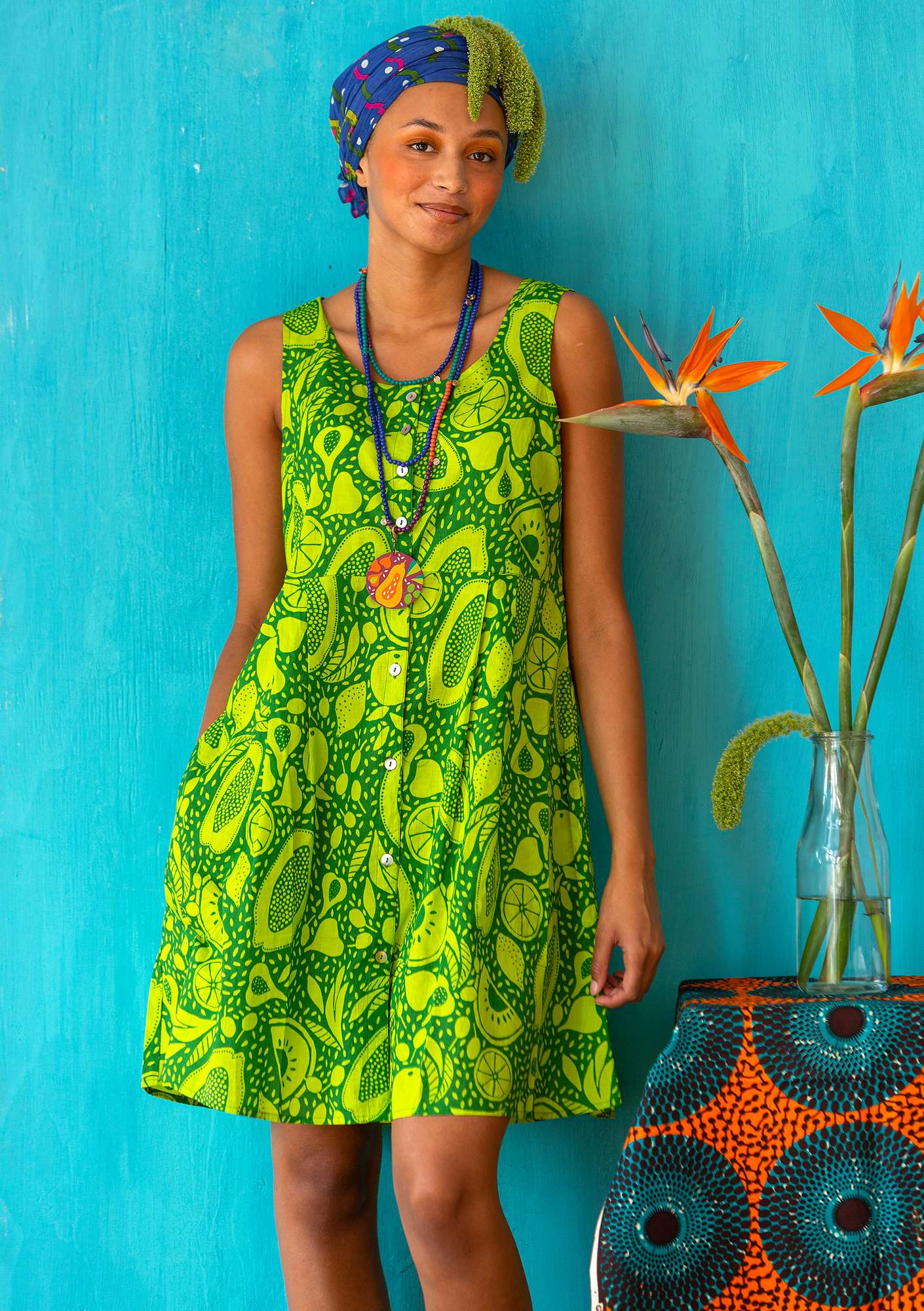 “Marimba” woven organic cotton dress basil thumbnail