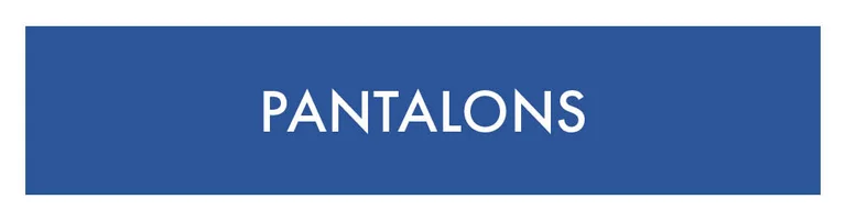 Un carré bleu avec le texte « Pantalons » en blanc. 