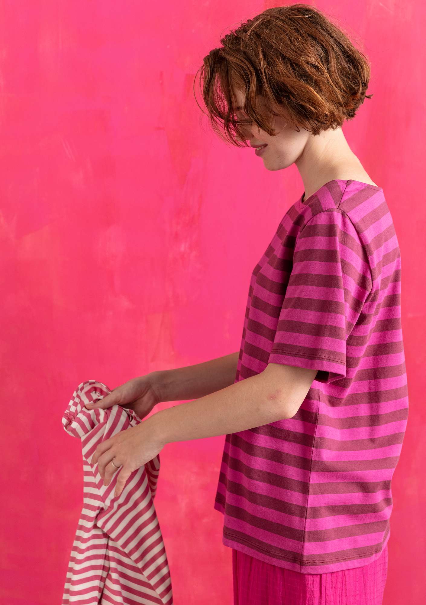 Striped T-shirt in organic cotton cerise/purple red thumbnail