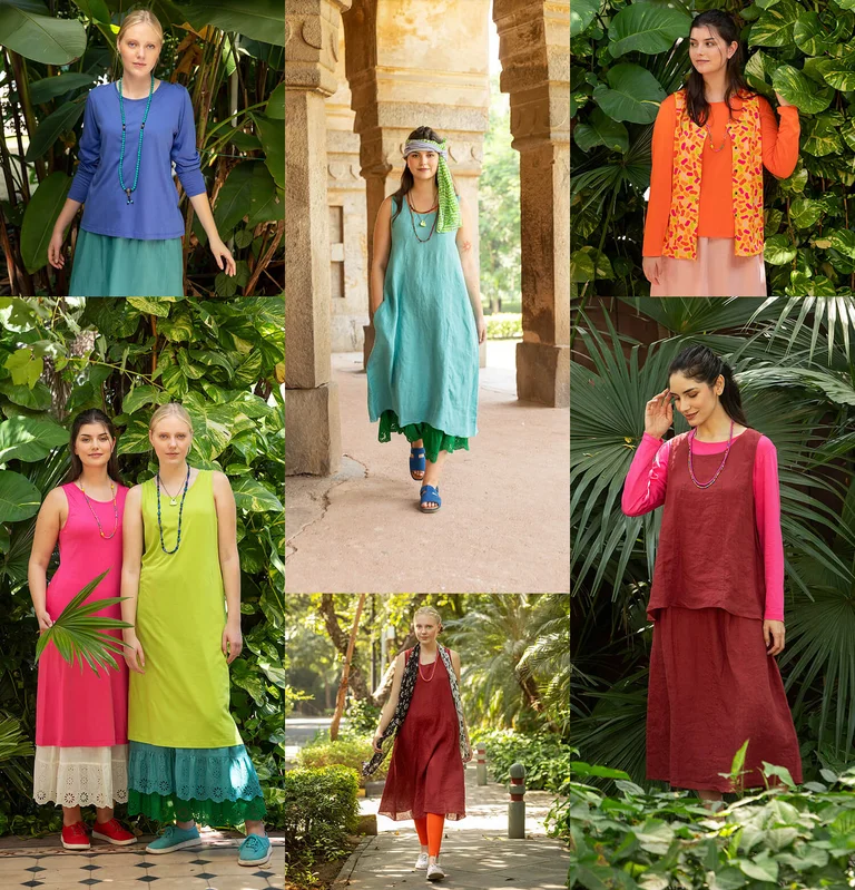 A collage of women wearing colourful linen and jersey clothes from Gudrun Sjödén. 