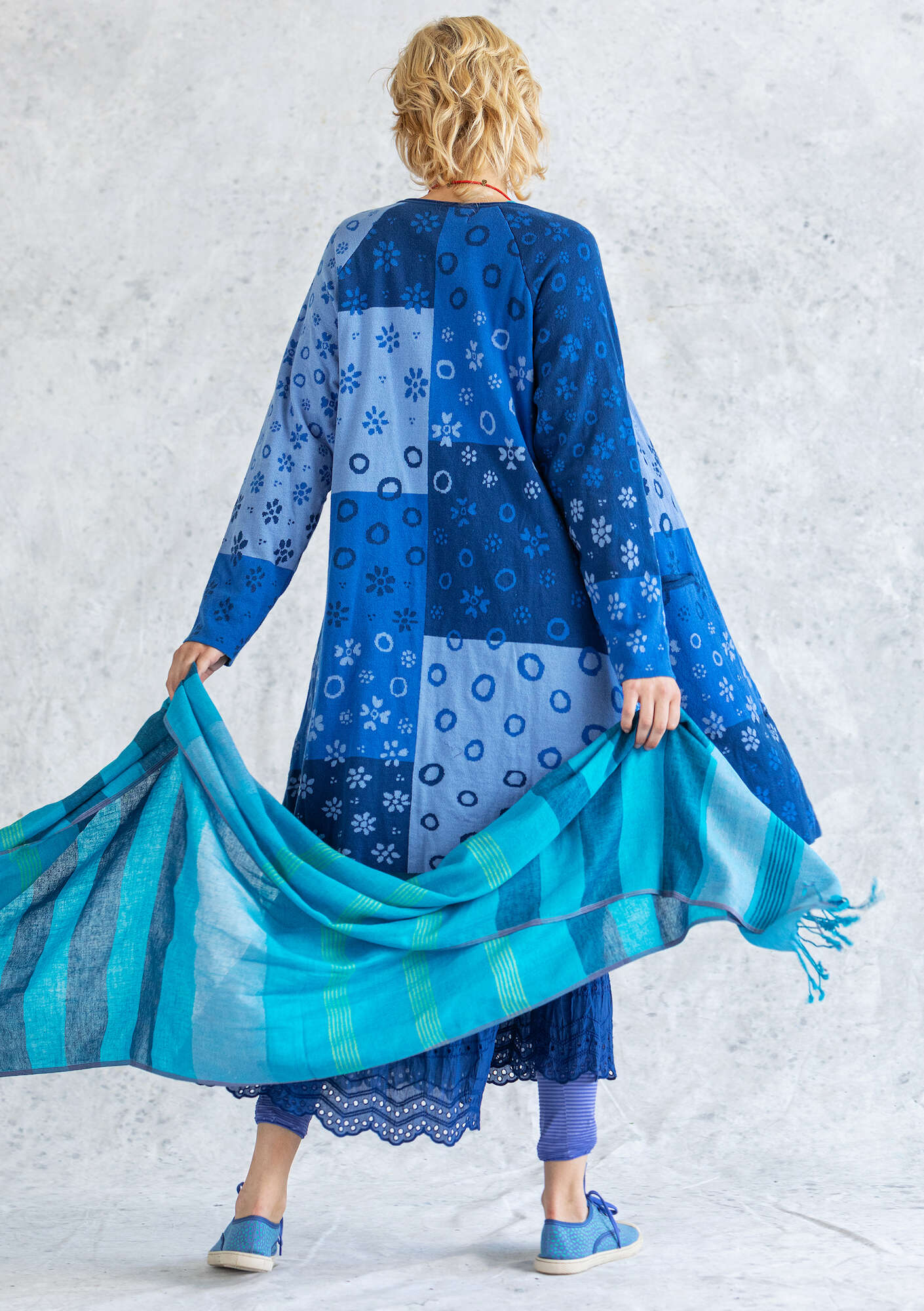 “Iris” longline cardigan in organic cotton indigo blue