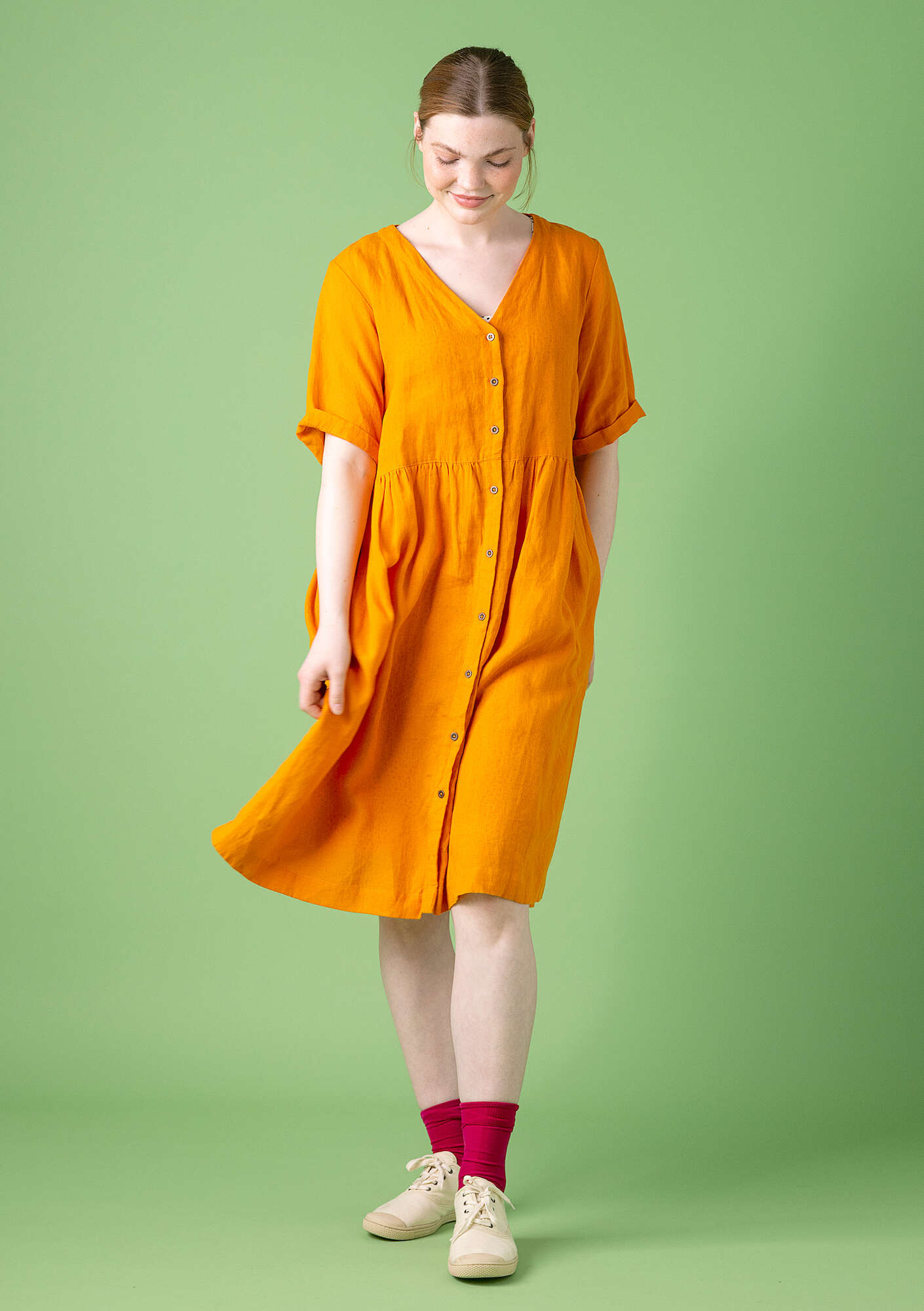 Geweven linnen jurk sinaasappel  thumbnail