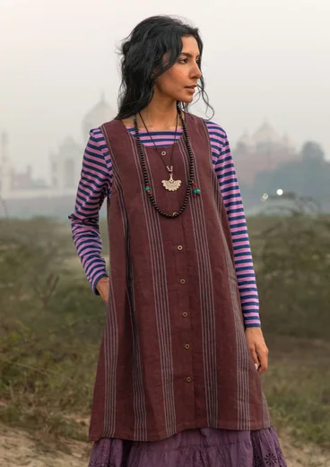 Gestreiftes oder einfarbiges Kleid „Sylvi“ aus Leinen - aubergine-gestreift
