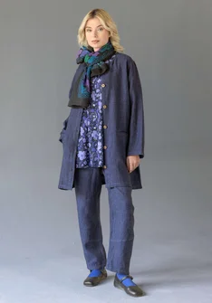 Longline, garment-washed woven linen jacket - ink blue