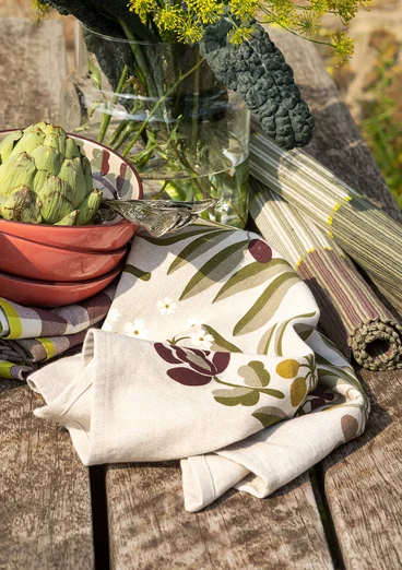 Torchon "Olives » en coton biologique - naturel