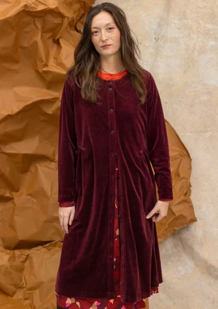 Button-through, organic cotton/recycled polyester velour dress - aubergine