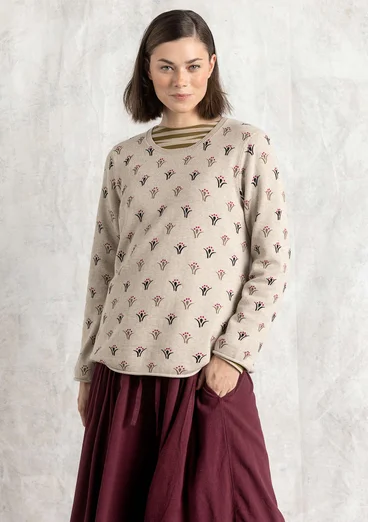 “Tove” organic/recycled cotton favourite sweater - dark natural melange/patterned