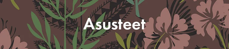 Ruskea, roosa ja vihreä kuvio, jossa valkoinen teksti ”Asusteet”. 