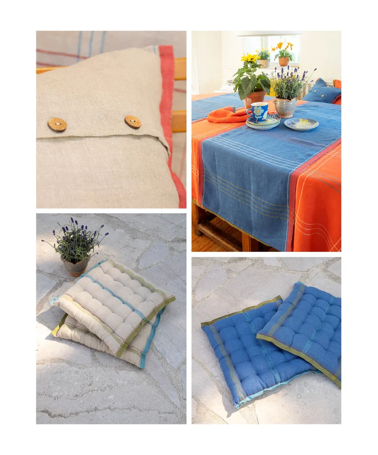 A collage with a cushion cover with coconut buttons, table runner and striped seat cushions in a linen blend from Gudrun Sjödén.