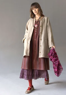 Longline, garment-washed woven linen jacket - dark natural