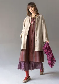 Long woven jacket in garment-washed linen - dark natural