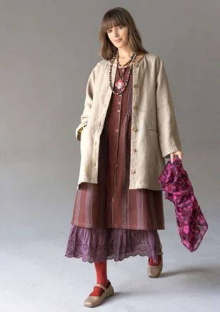 Long woven jacket in garment-washed linen - dark natural