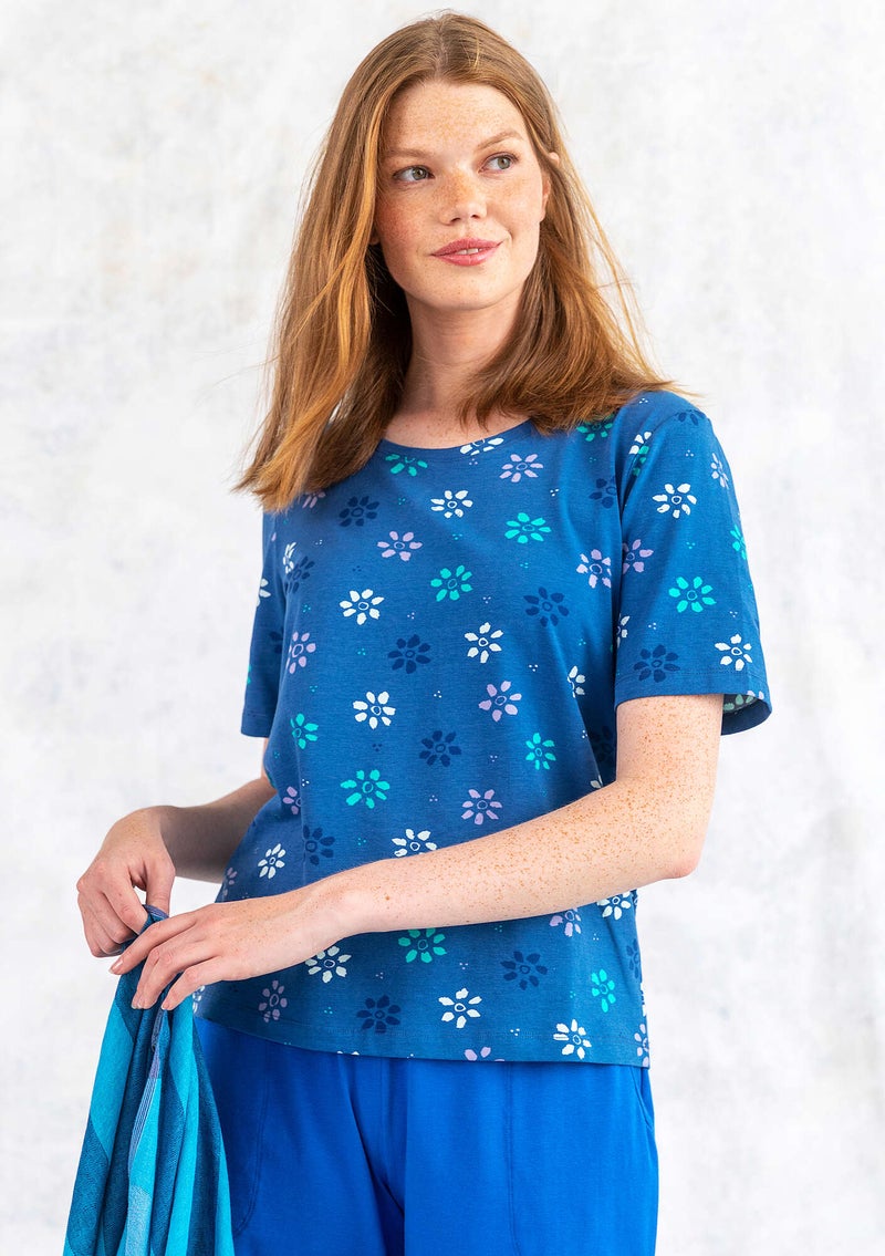 T-shirt  Ester  van biologisch katoen/elastaan vlasblauw/dessin