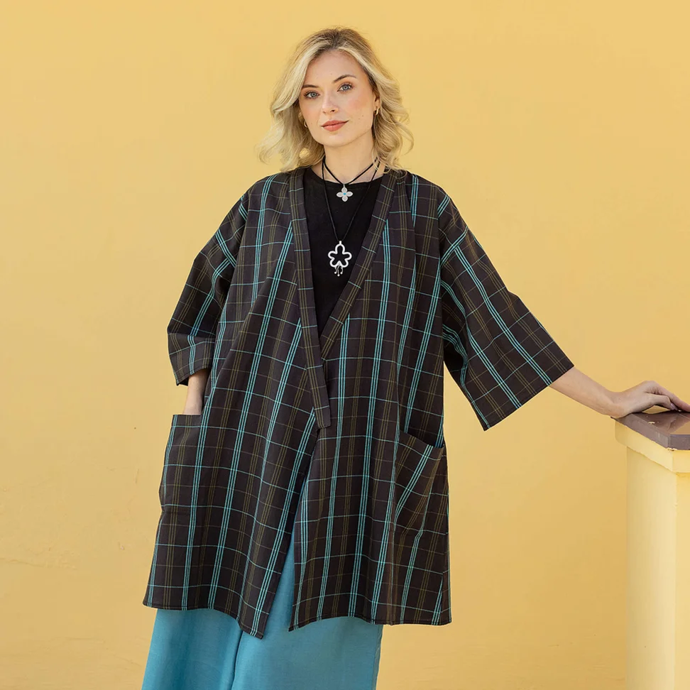 Kimono à carreaux "Coimbatore" en coton biologique - noir