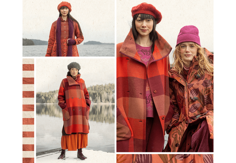 A collage showing women wearing red outerwear from Gudrun Sjödén.
