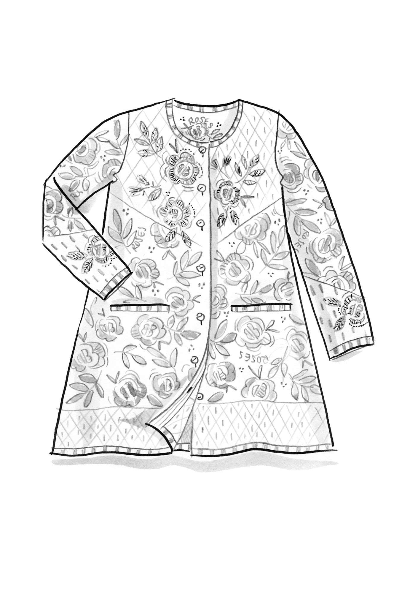 “China Rose” hand-embroidered cardigan in a wool and organic cotton blend black