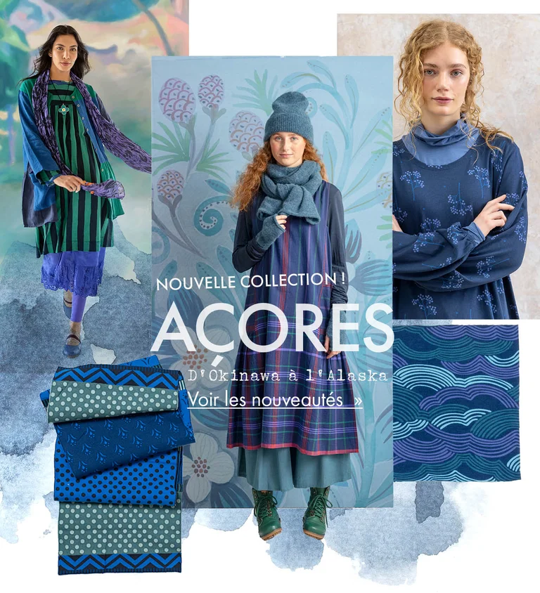 Un collage avec des photos et des aquarelles provenant de la collection d'hiver 2025 de Gudrun Sjödén. 