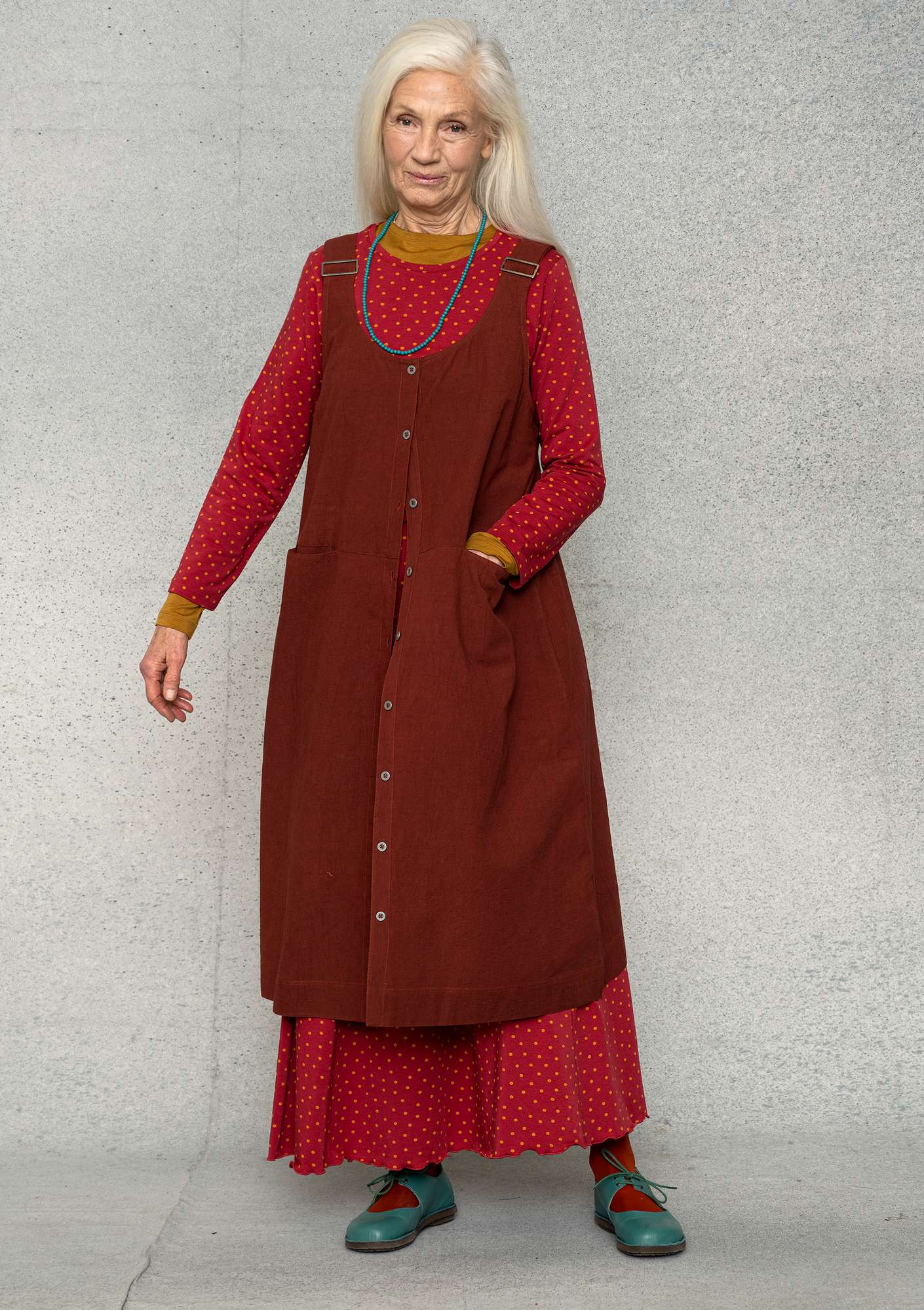 Woven balalaika dress in organic cotton/linen red curry