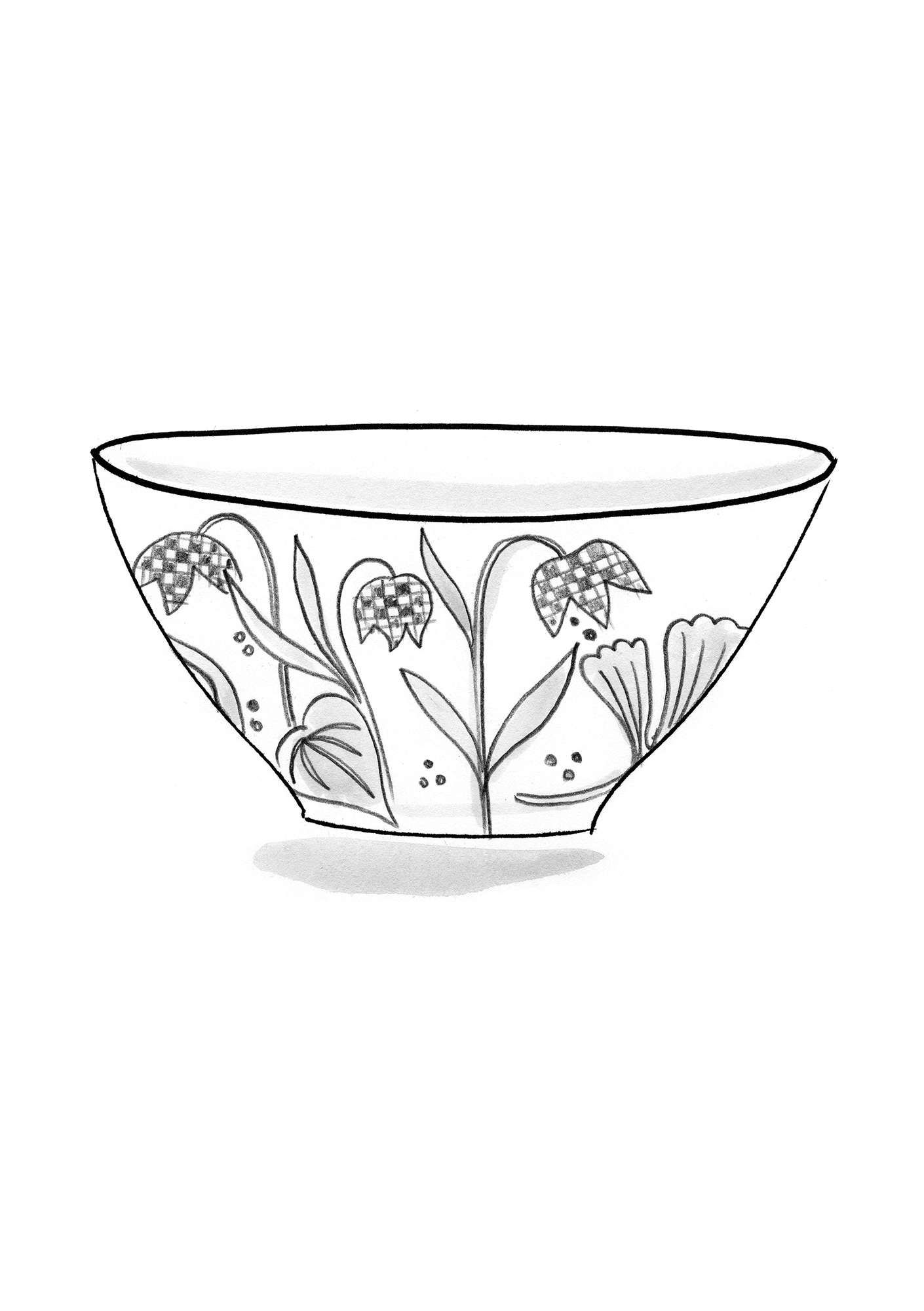 Skål «Ängslilja» i keramikk ubleket/flerfarget