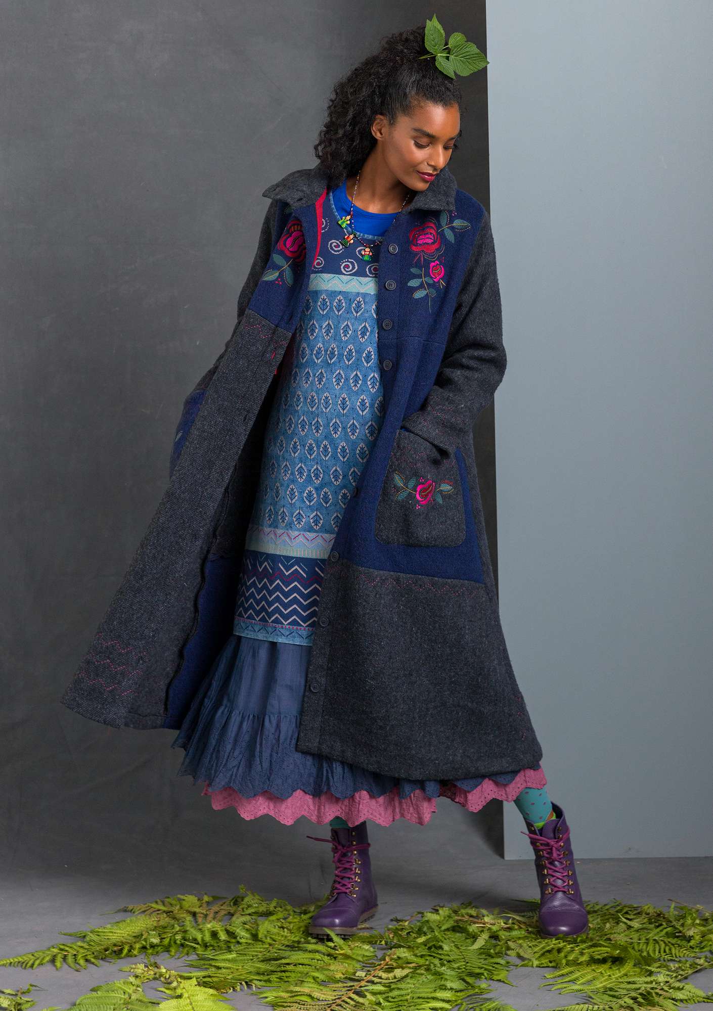 “Rose Hill” wool-blend coat indigo