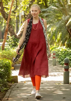 Mouwloze jurk van geweven linnen - rooibos