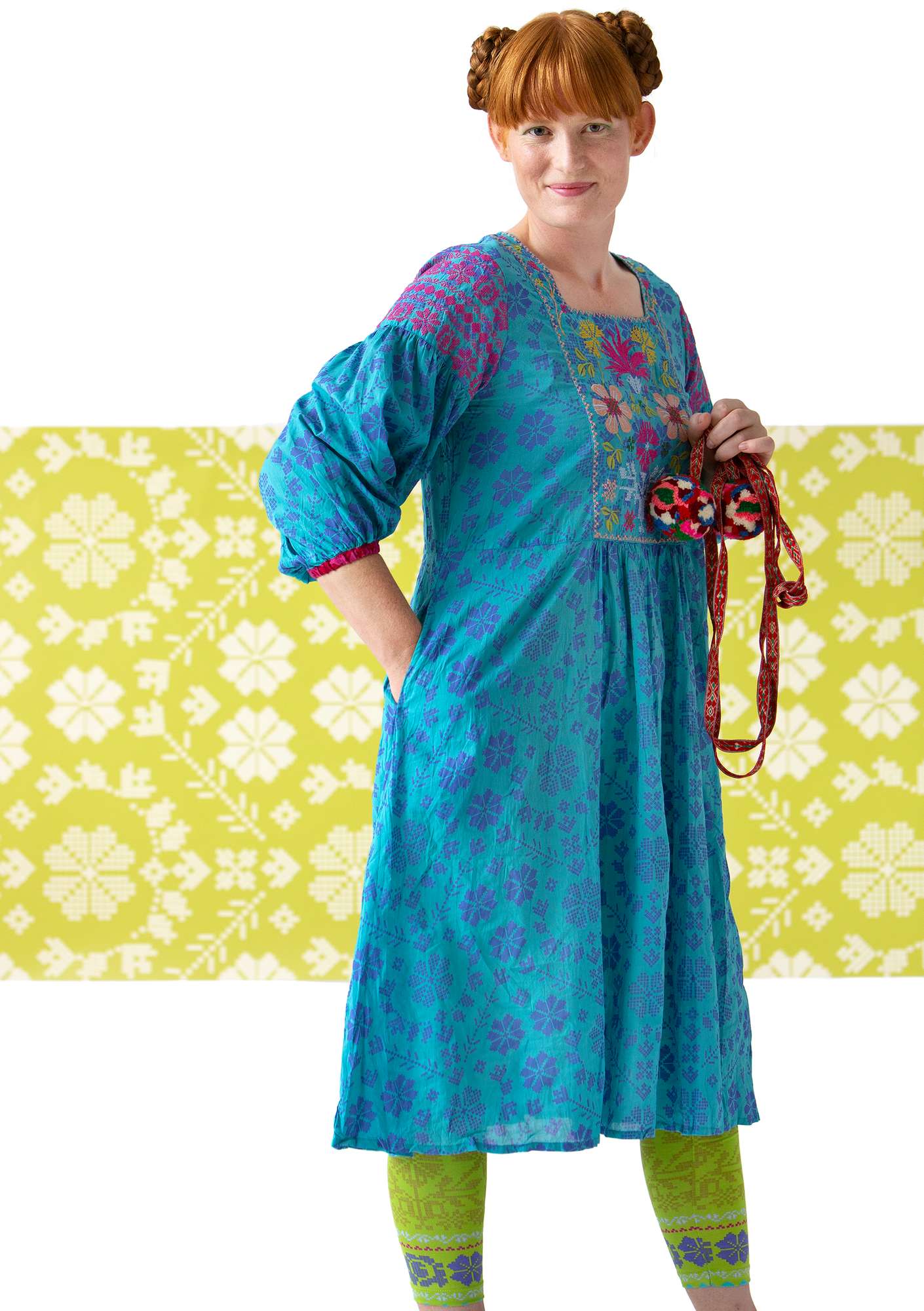Geweven jurk  Liiva  van biologisch katoen turkoois thumbnail