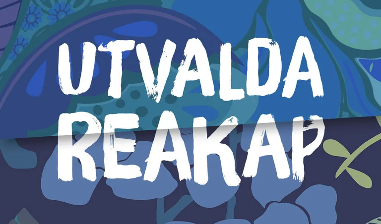 Ett grafiskt mönster i olika färger med texten UTVALDA REAKAP i vitt.