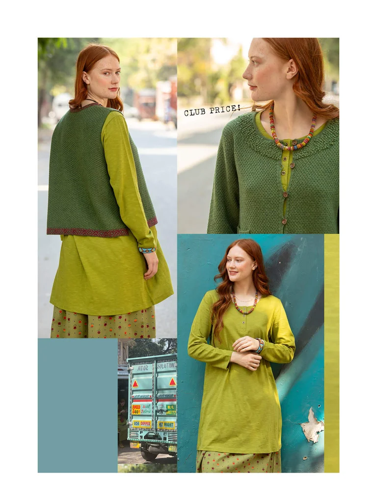 A collage of pictures of women wearing green clothing from Gudrun Sjödén. 