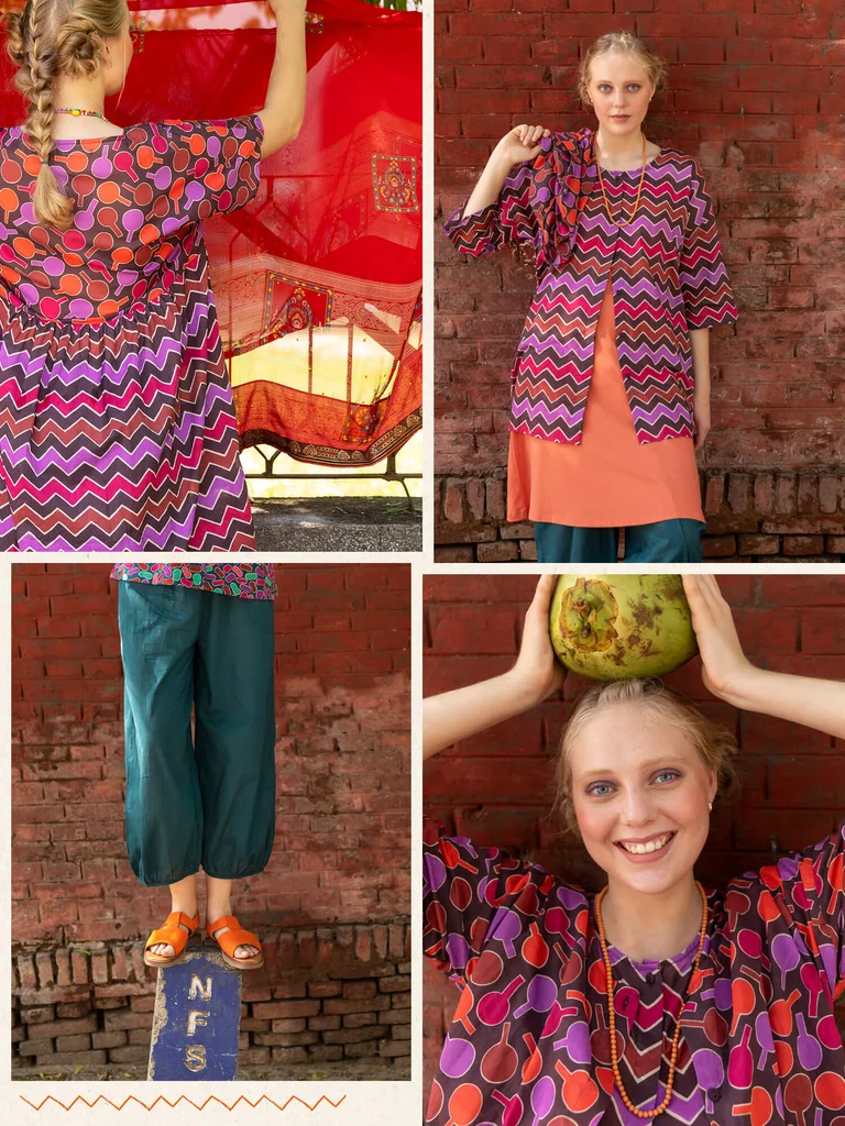 A collage of pictures of a woman wearing patterned clothing from Gudrun Sjödén.