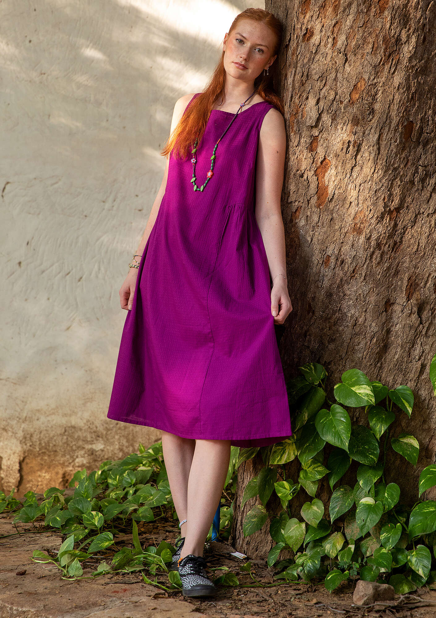 Woven dress in organic cotton petunia thumbnail