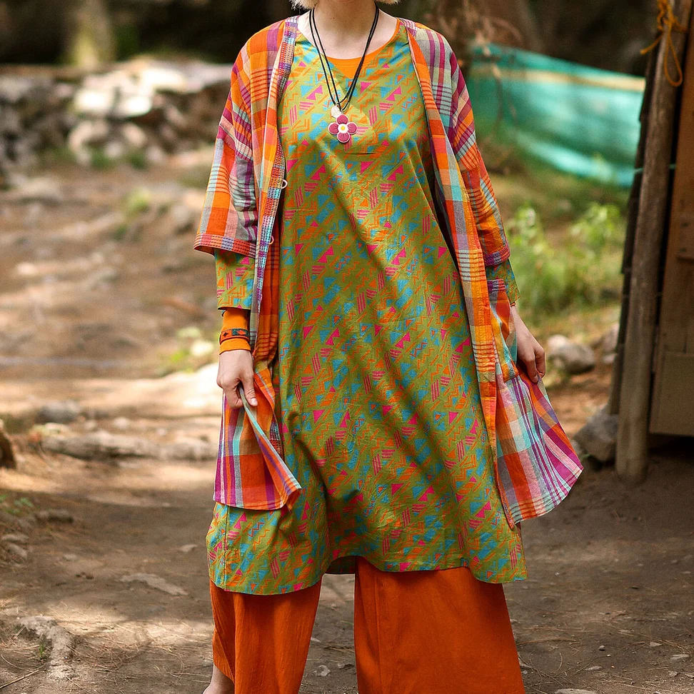 Vævet kjole "Shiva" i økologisk bomuld - grøn peber