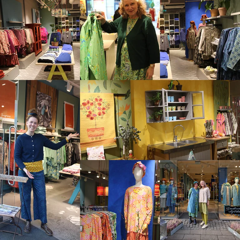 Ett kollage med bilder från Gudrun Sjödéns butik i London.