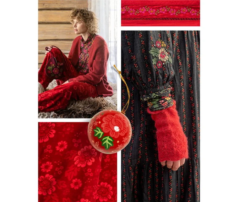 A collage of red, floral clothes, homeware items and accessories from Gudrun Sjödén’s 2025 Christmas collection.