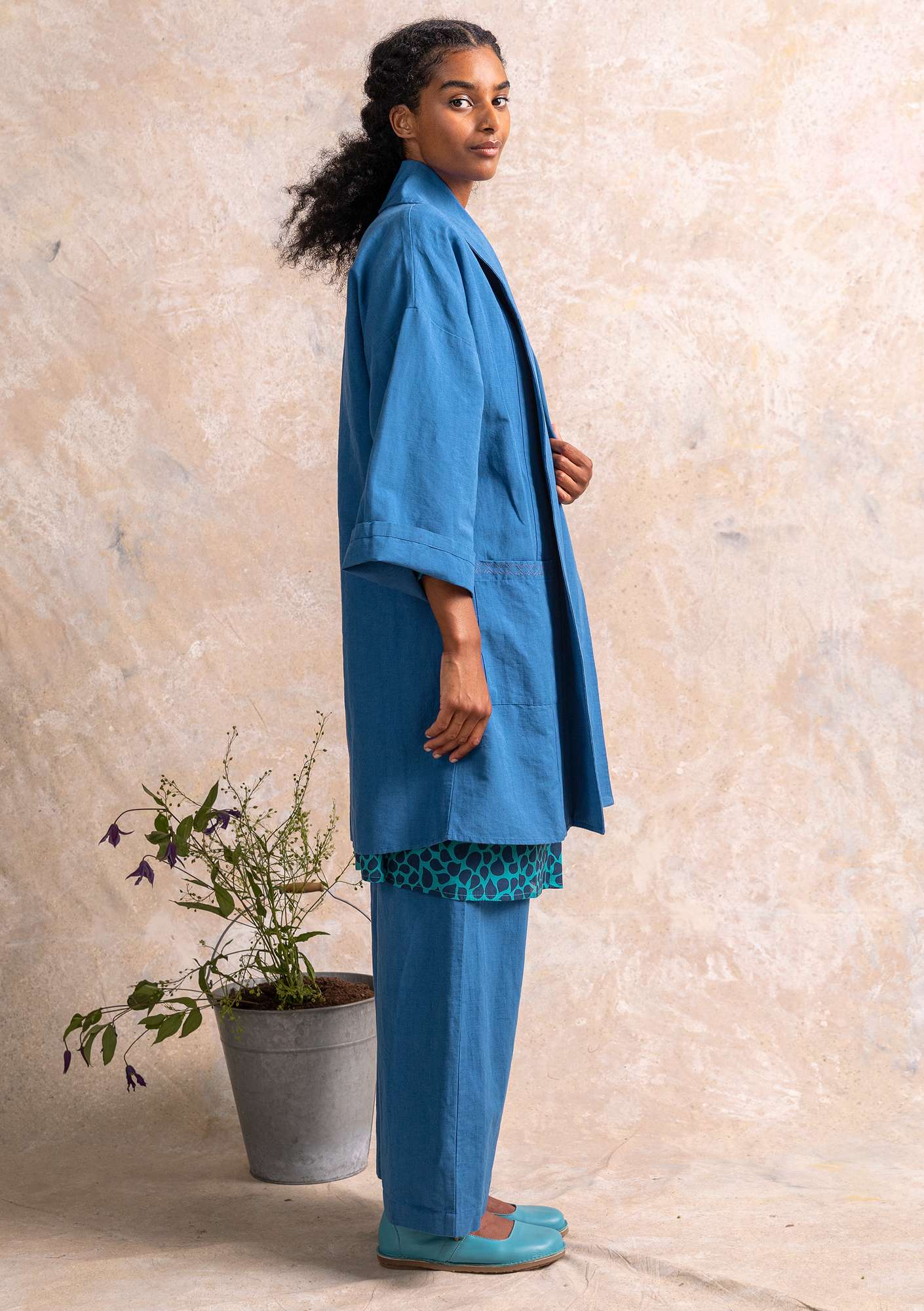 Kimono jacket in organic cotton/linen flax blue thumbnail