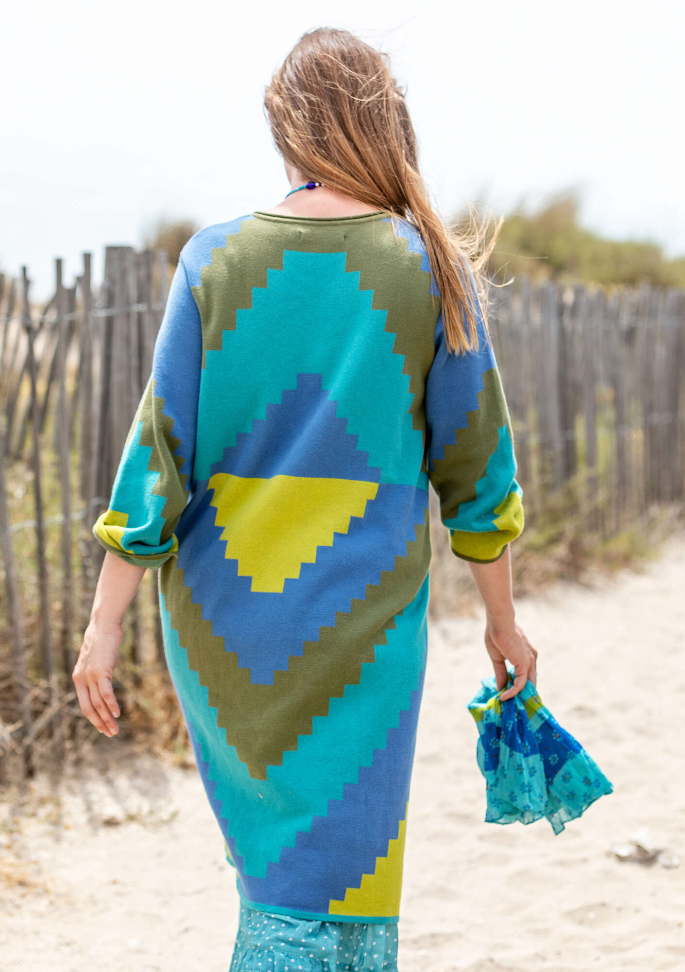 “Cape” knit dress in organic cotton flax blue