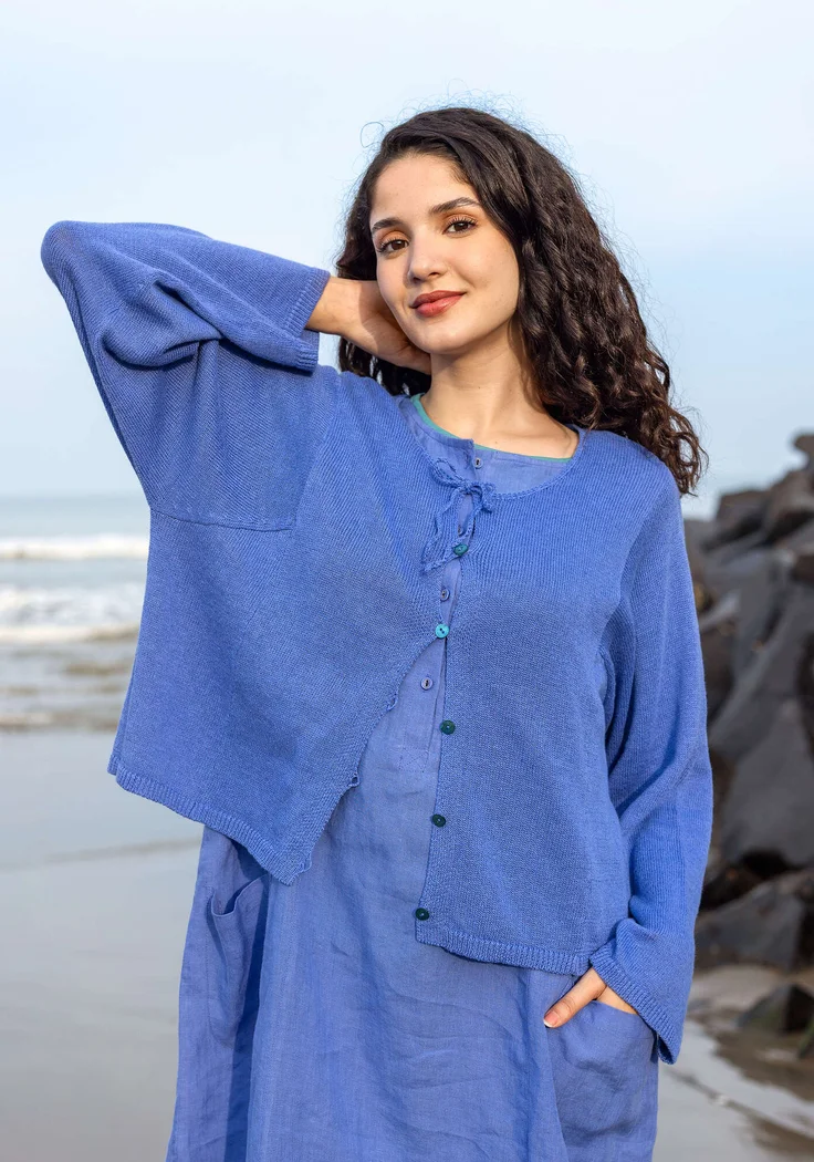 Strickjacke aus Leinen/Bio-Baumwolle - lotusblau