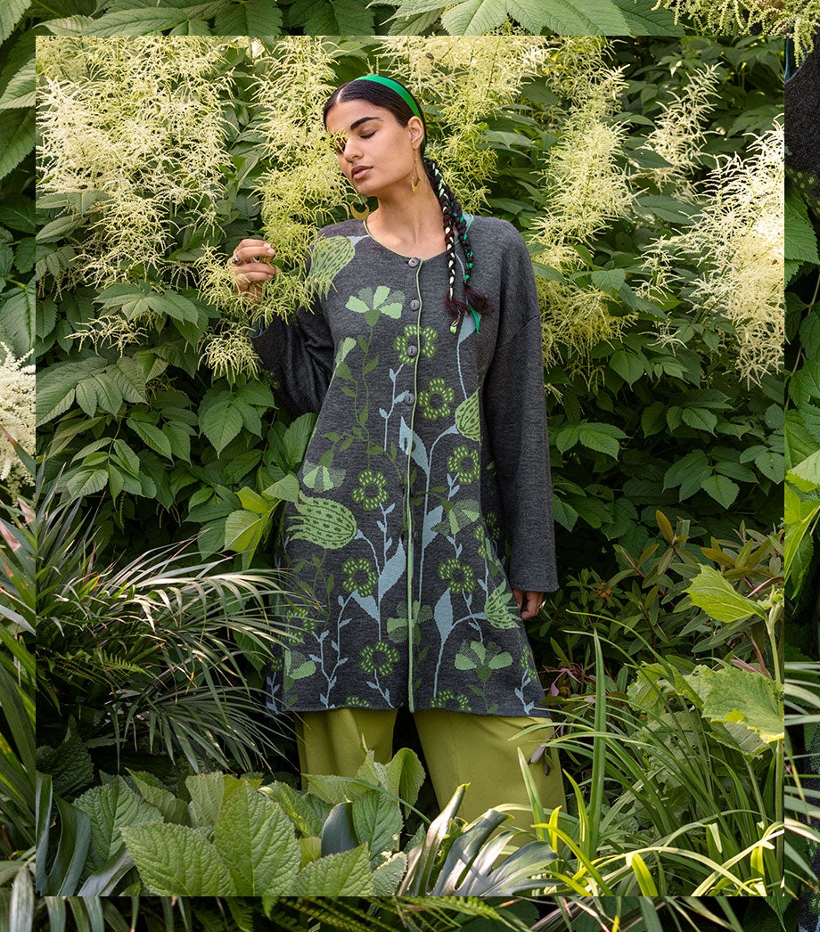 Lush greenery on organic/recycled cotton and wool.