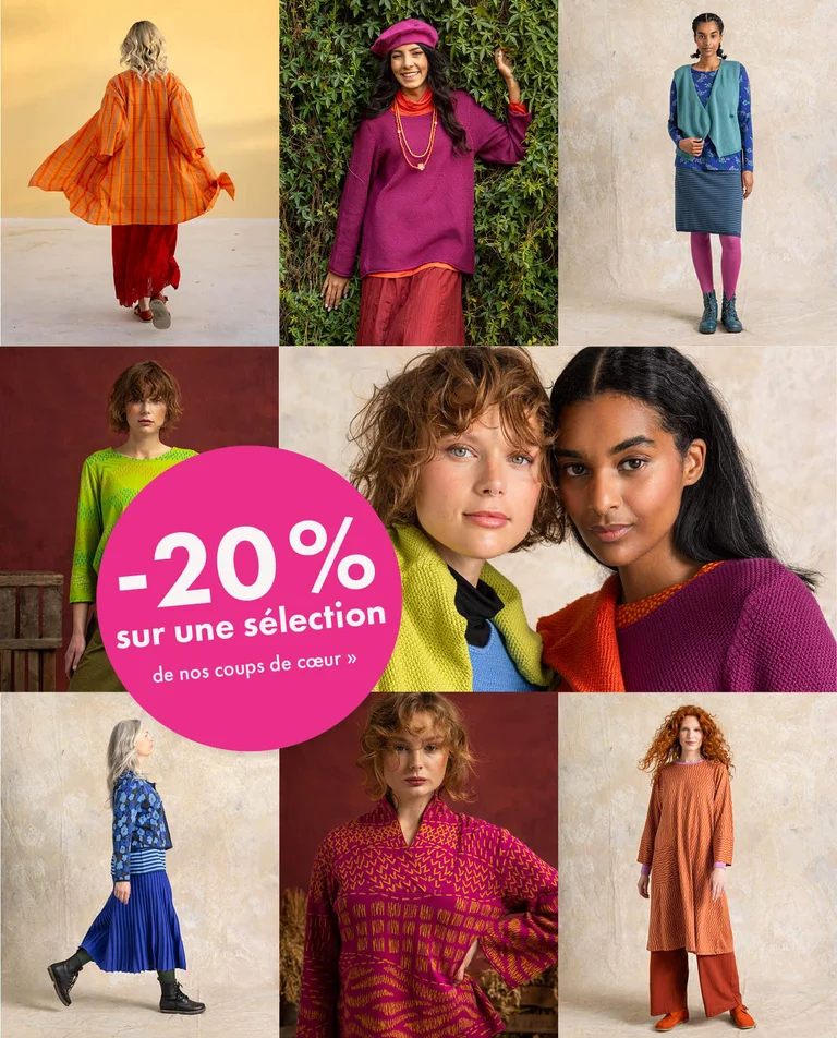 A collage of multiple images of women wearing colourful clothes from Gudrun Sjödén.