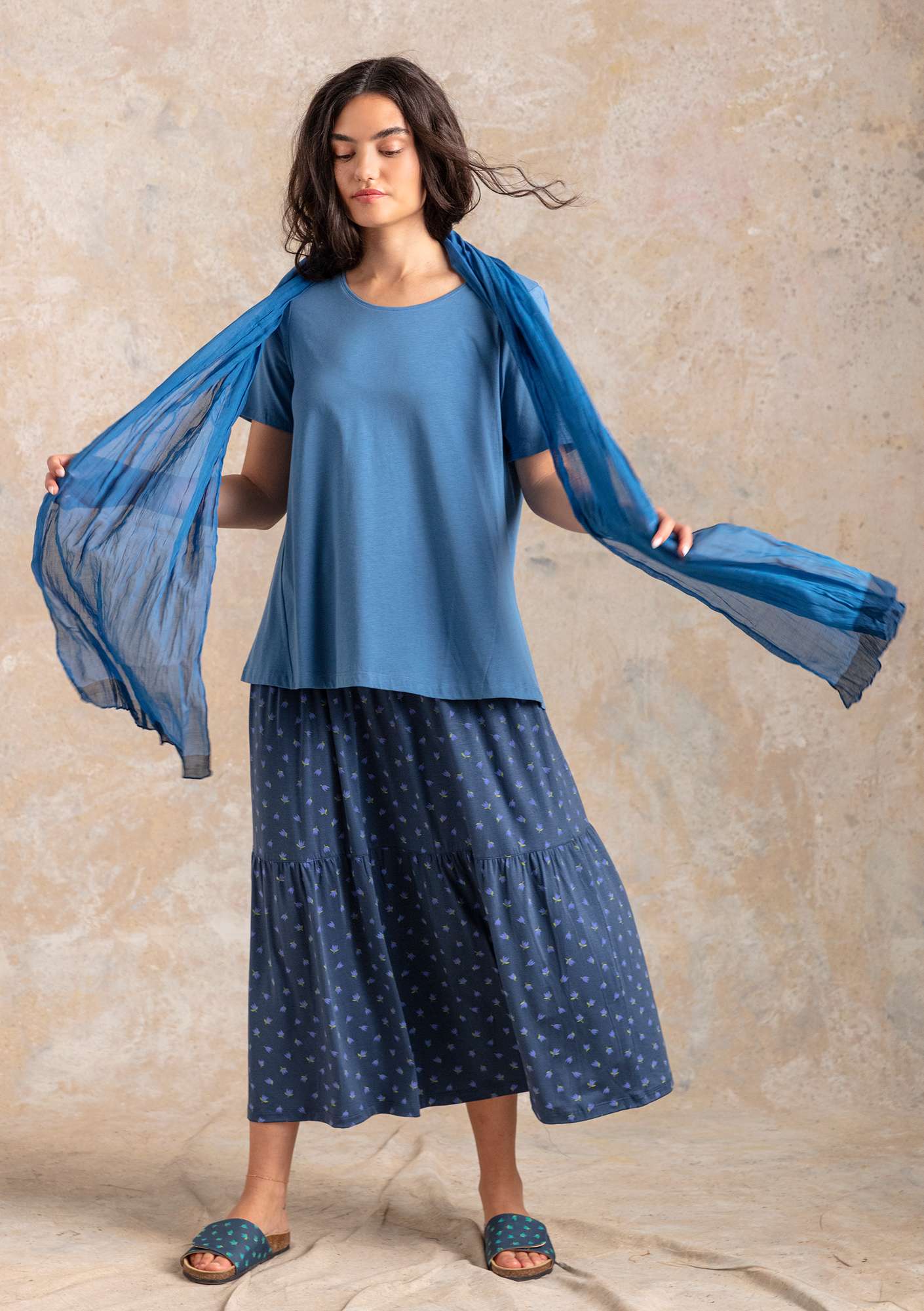 “Adena” lyocell/elastane jersey skirt indigo/patterned