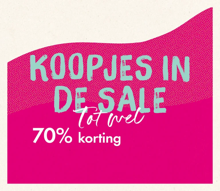 Een grafische afbeelding in roze en beige met de tekst KOOPJES IN DE SALE