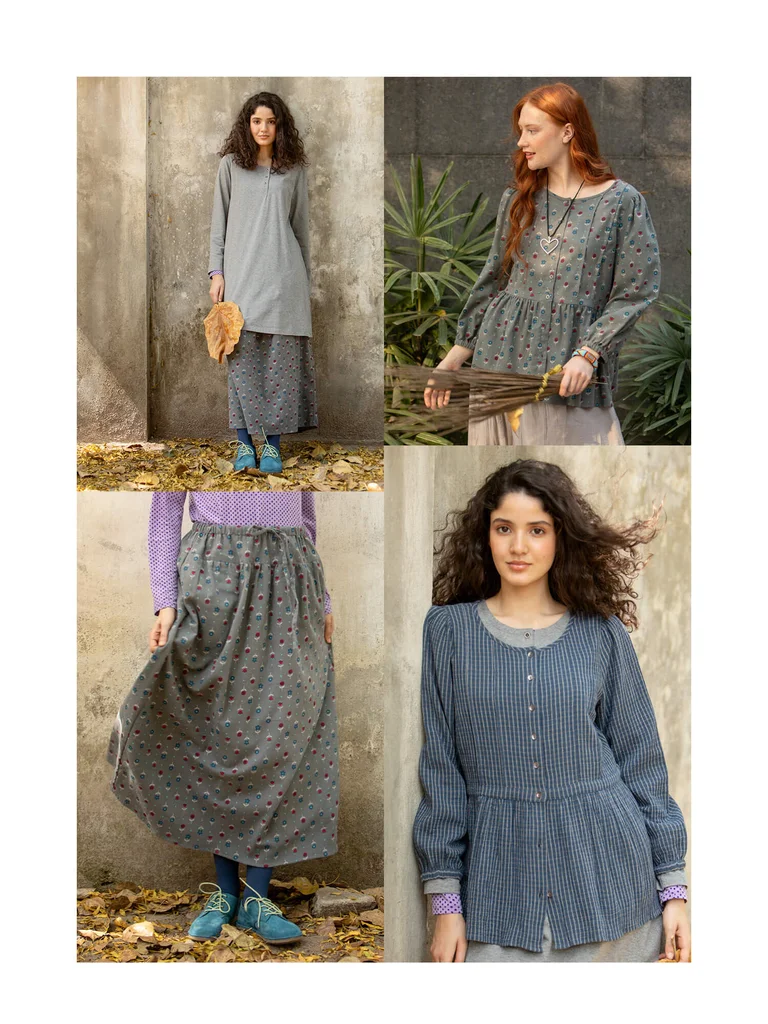 A collage of women wearing gray and blue clothing from Gudrun Sjödén. 