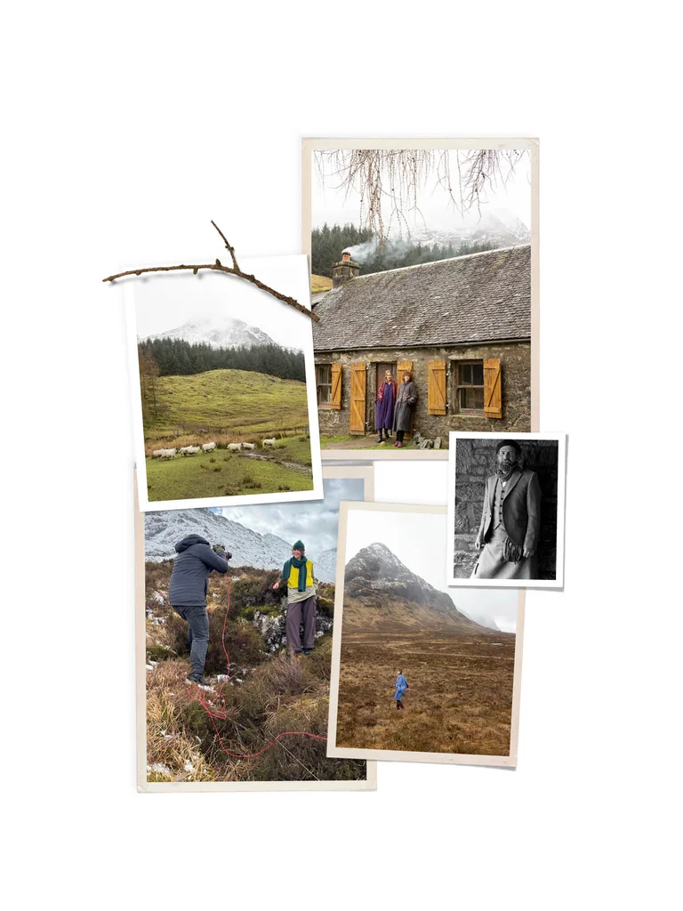 A collage of pictures from the Gudrun Sjödén team’s photo trip to Scotland. The collage is decorated with an image of a branch.