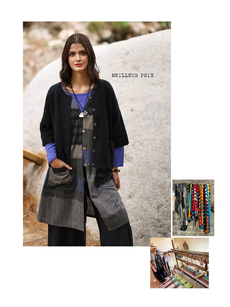 A collage of a woman wearing layers of clothing from Gudrun Sjödén, and yarn.